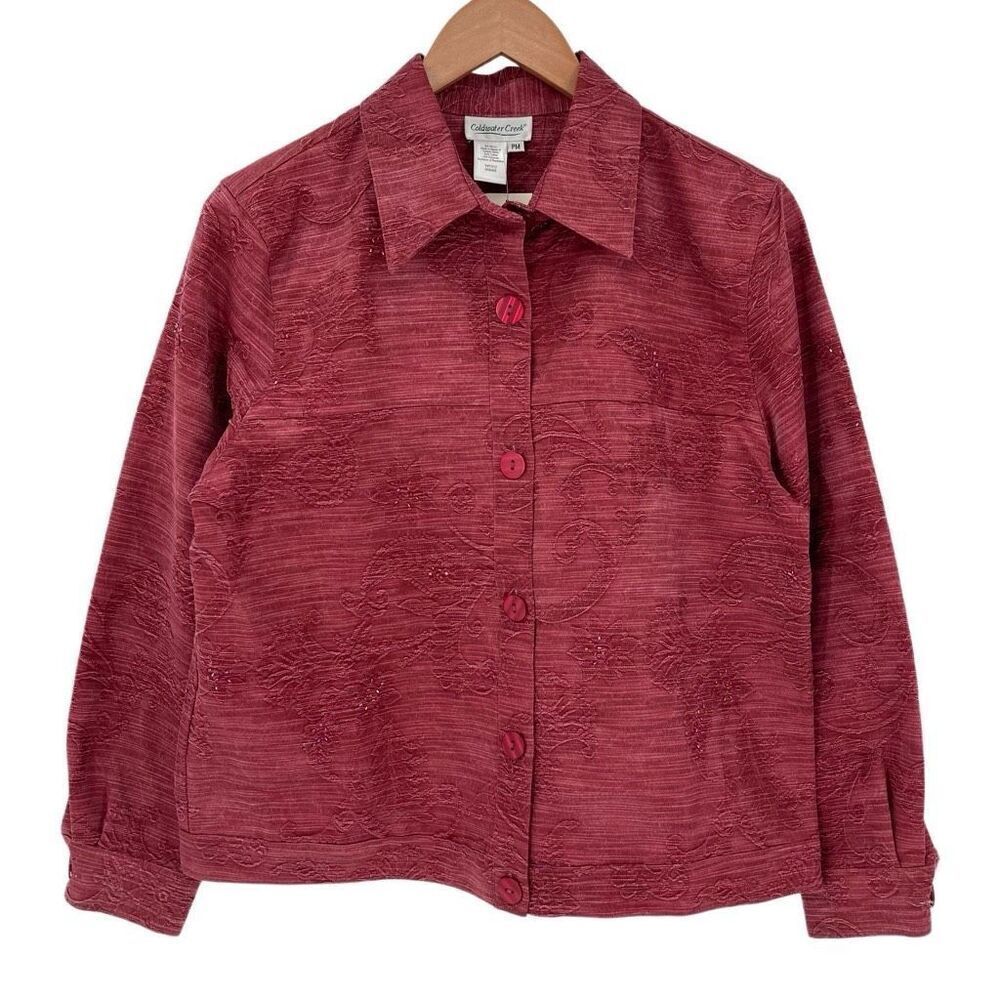 Coldwater Creek Beaded Jacquard Jacket Button Up Maroon Women Medium Petite NWT